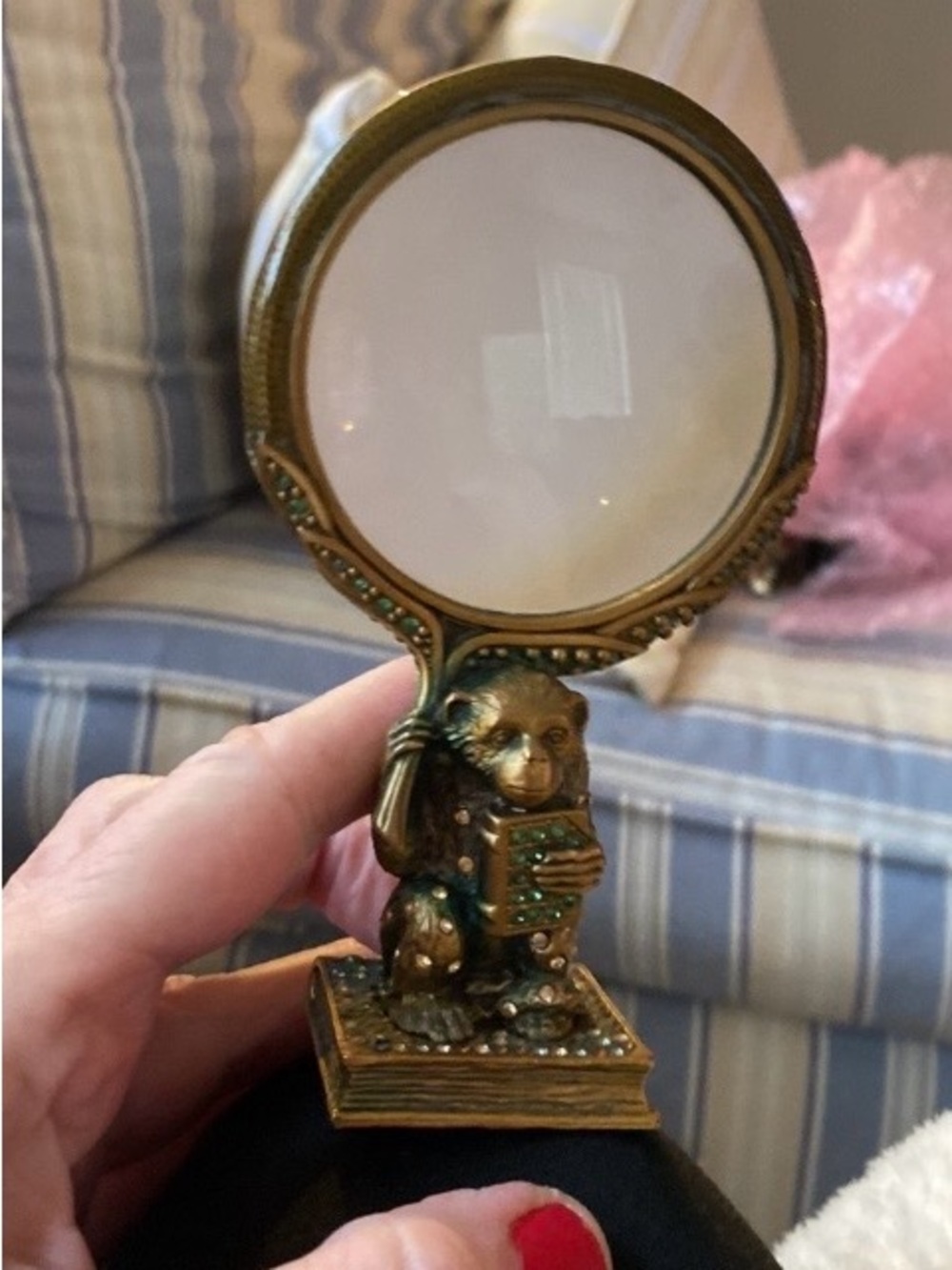 Authentic Jay Strongwater Gold and Green Jeweled Monkey Magnifier Accent
